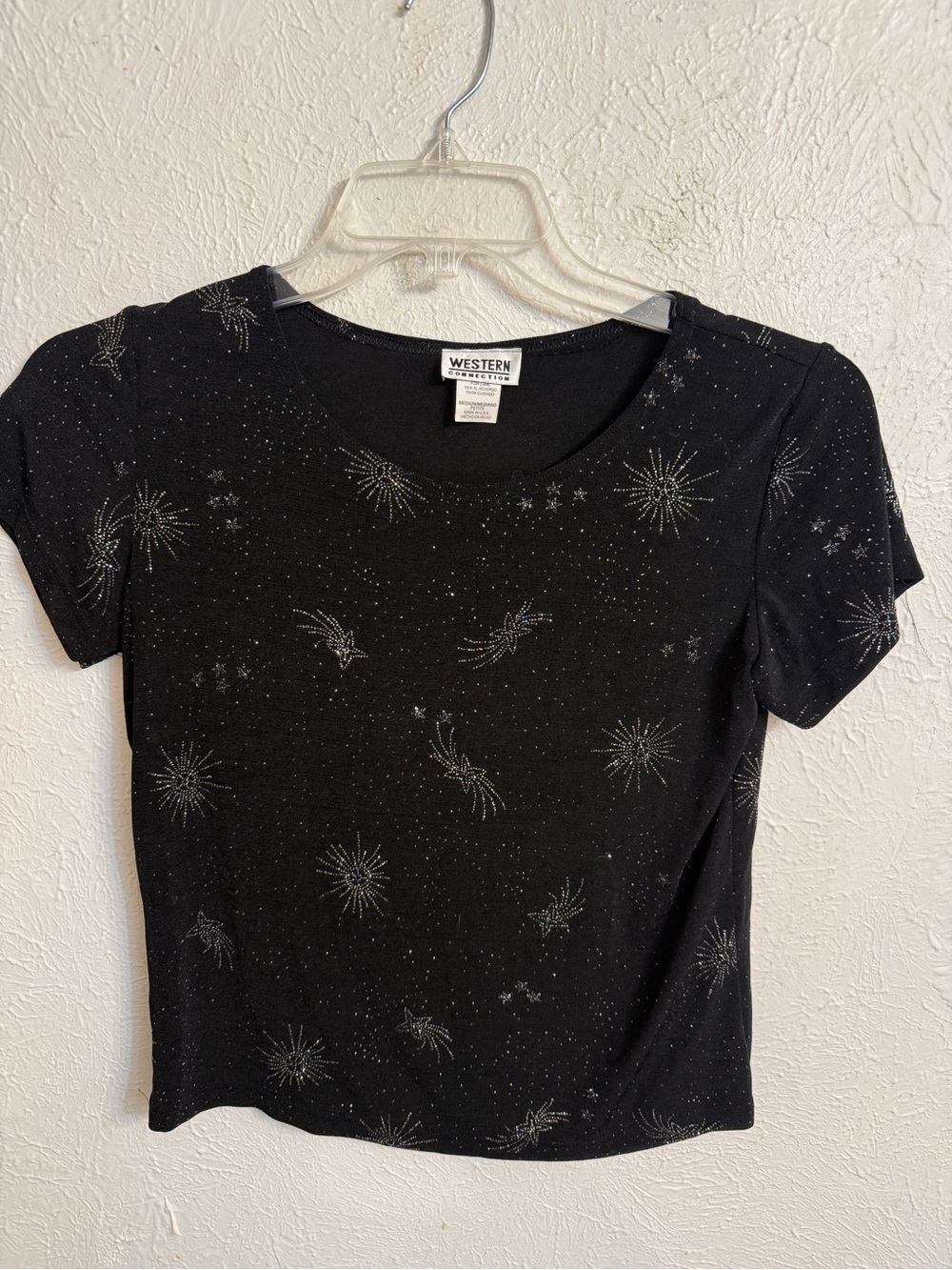Vintage Western Connection Black Glitter Starburst Short Sleeve Top